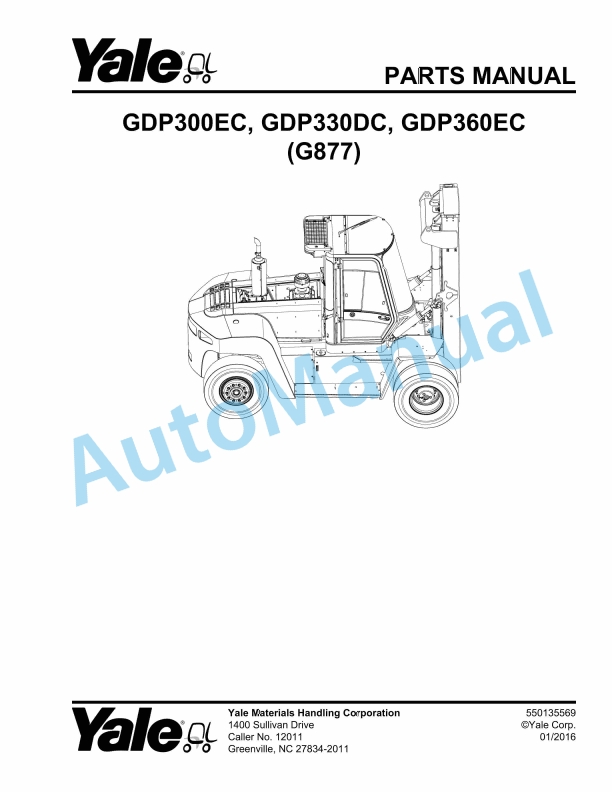 Yale G877 GDP300EC, GDP330DC, GDP360EC Parts Manual 550135569