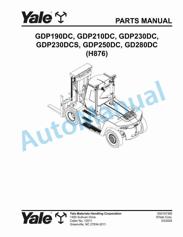 Yale H876 GDP190DC, GDP210DC, GDP230DC, GDP230DCS, GDP250DC, GD280DC Parts Manual 550197380