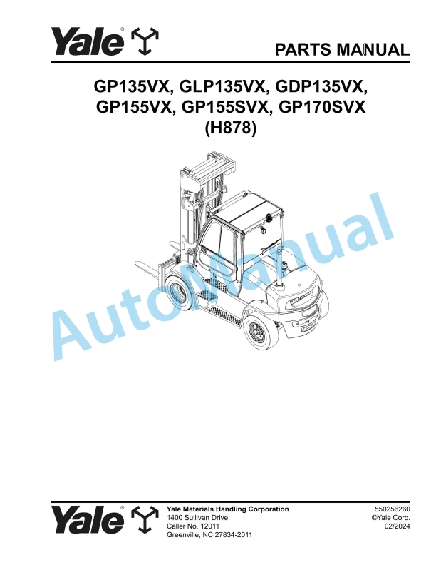 Yale H878 GP135VX, GLP135VX, GDP135VX, GP155VX, GP155SVX, GP170SVX Parts Manual 550256260