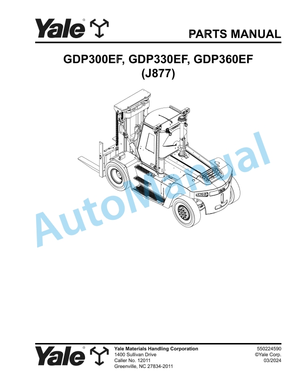 Yale J877 GDP300EF, GDP330EF, GDP360EF Parts Manual 550224590