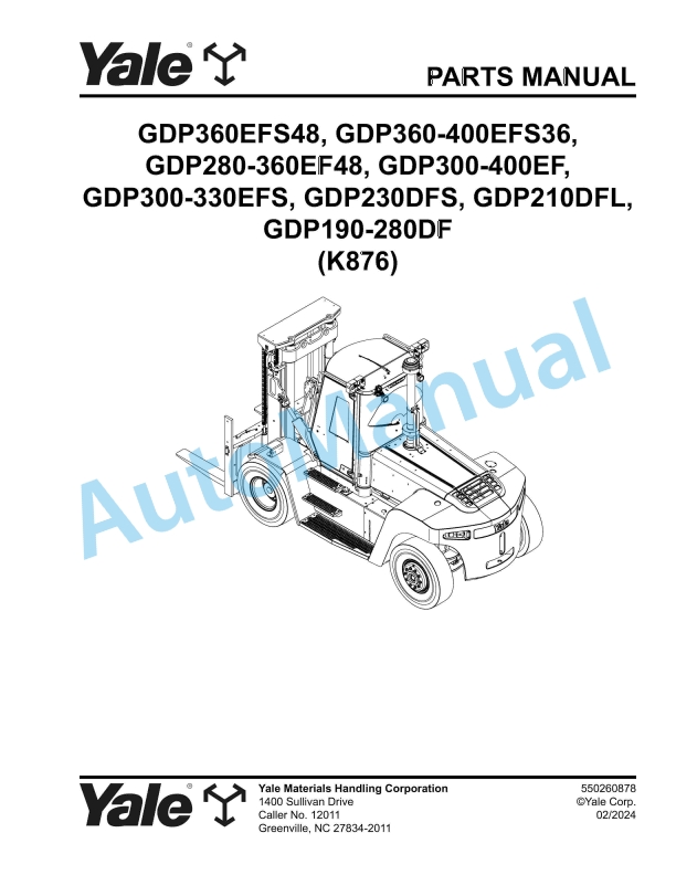 Yale K876 GDP360EFS48 to GDP190-280DF Parts Manual 550260878
