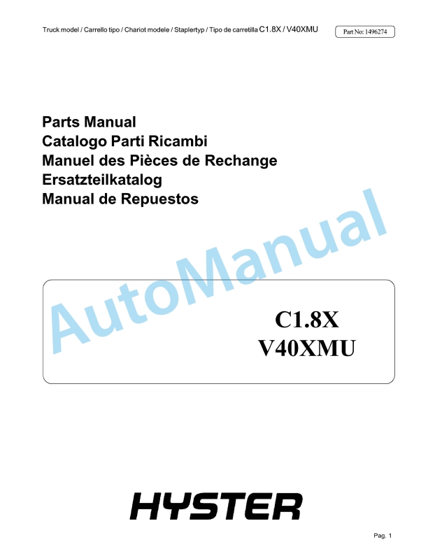 Hyster C1.8X V40XMU Parts Manual 1 Hyster C1.8X V40XMU Parts Manual