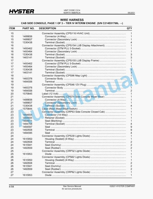 Hyster H400HD-EC, H450HD-EC, H450HDS-EC, H500HD-EC (C214) Parts Manual 2 Hyster H400HD-EC, H450HD-EC, H450HDS-EC, H500HD-EC (C214) Parts Manual - Image 2