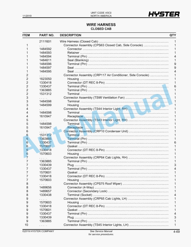 Hyster H9XM-EC7 (A3C0) Parts Manual 2 Hyster H9XM-EC7 (A3C0) Parts Manual - Image 2