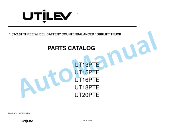 Utilev 1.3T-2.0T Three Wheel Battery Counterbalanced Forklift Truck Parts Catalog
