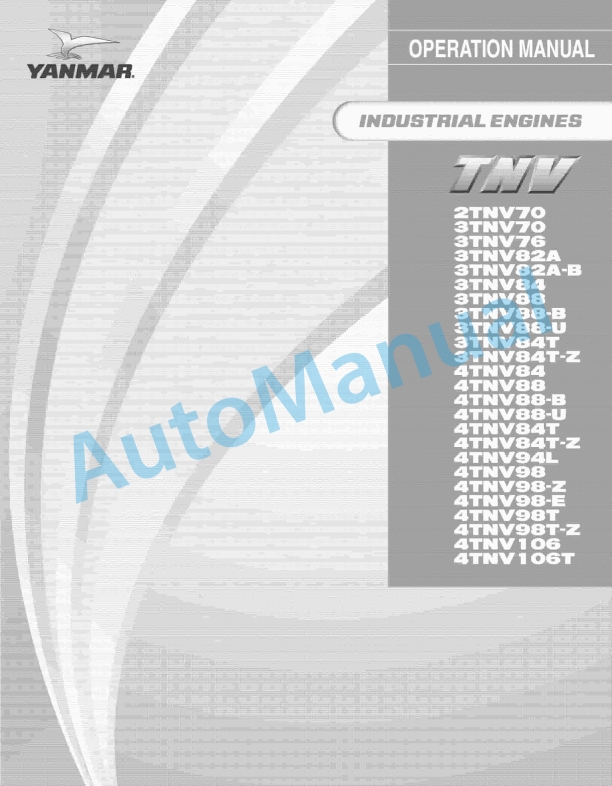 Yanmar 2TNV70 to 4TNV106T Industrial Engines Operation Manual 0ATNV-U00101