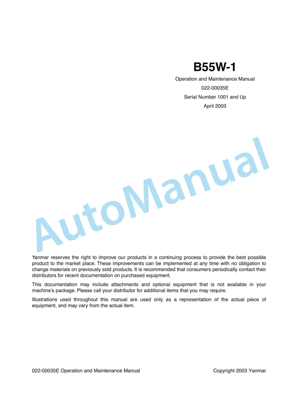 Yanmar B55W-1 Wheel Excavator Operation And Maintenance Manual 1 Yanmar B55W-1 Wheel Excavator Operation And Maintenance Manual