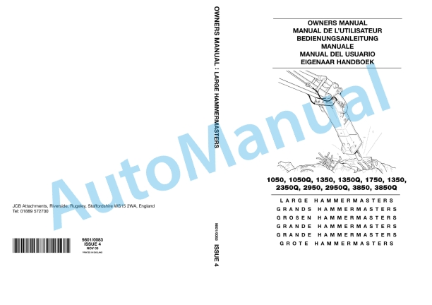 JCB 1050, 1050Q, 1350, 1350Q, 1750, 1350, 2350Q, 2950, 2950Q, 3850, 3850Q Owners Manual 9801-0083