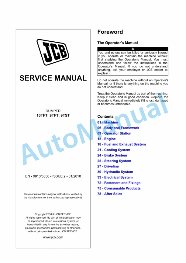 JCB 10TFT, 9TFT, 9TST Dumper Service Manual 9813-5350