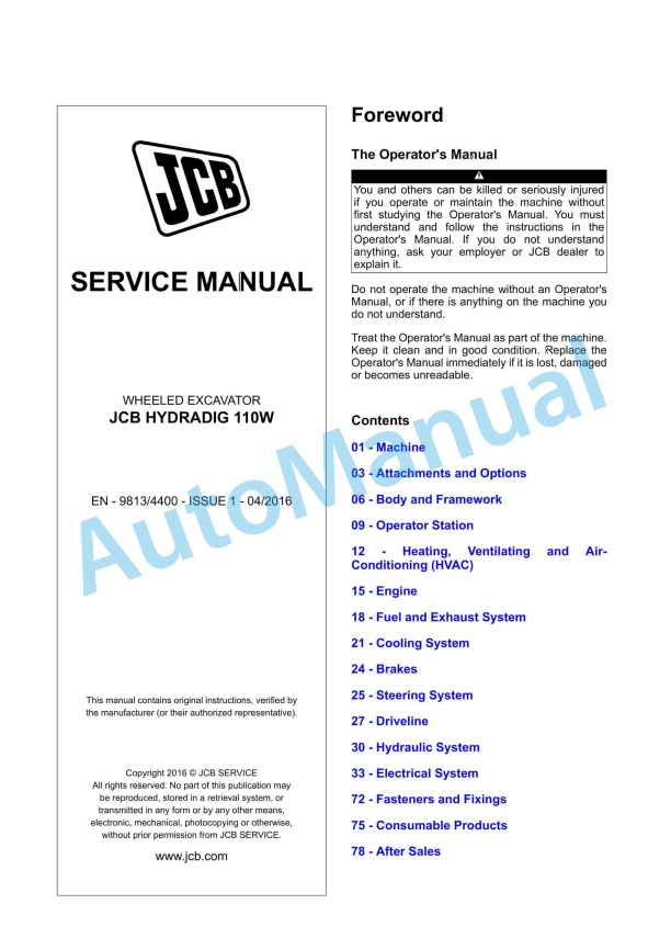 JCB 110W Hydradig Service Manual 9813-4400