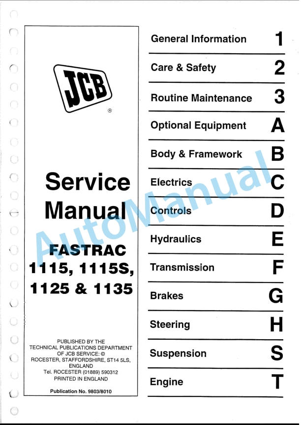 JCB 1115, 1115S, 1125, 1135 Fastrac Service Manual 9803-8010