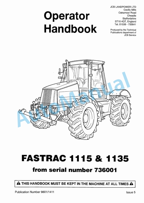 JCB 1115, 1135 Fastrac Operator Handbook 9801-1411