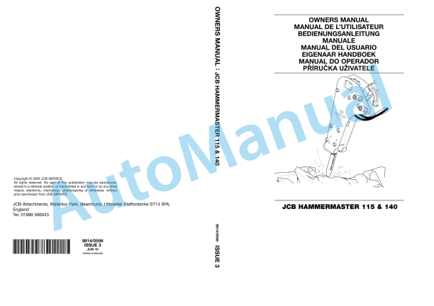 JCB 115, 140 Hammermaster Owners Manual 9814-0556