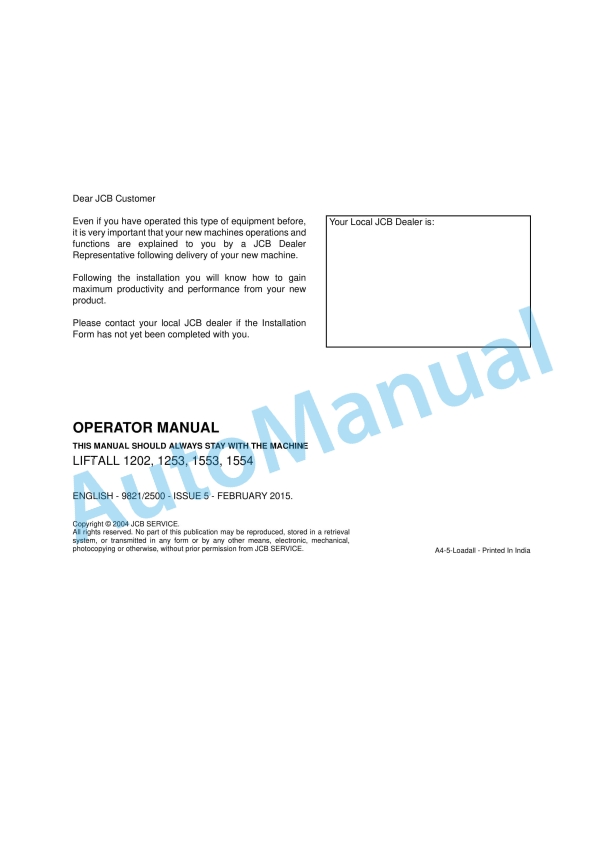 JCB 1202, 1253, 1553, 1554 Liftall Operator Manual 9821-2500