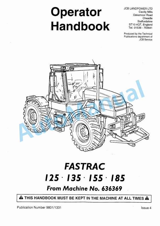 JCB 125, 135, 155, 185 Fastrac Operator Handbook 9801-1331