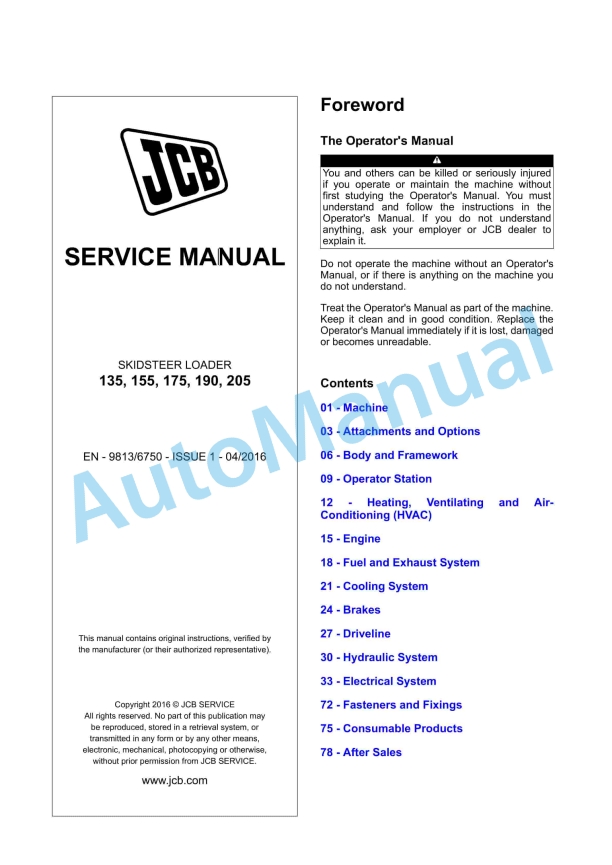 JCB 135, 155, 175, 190, 205 Skidsteer Loader Service Manual 9813-6750
