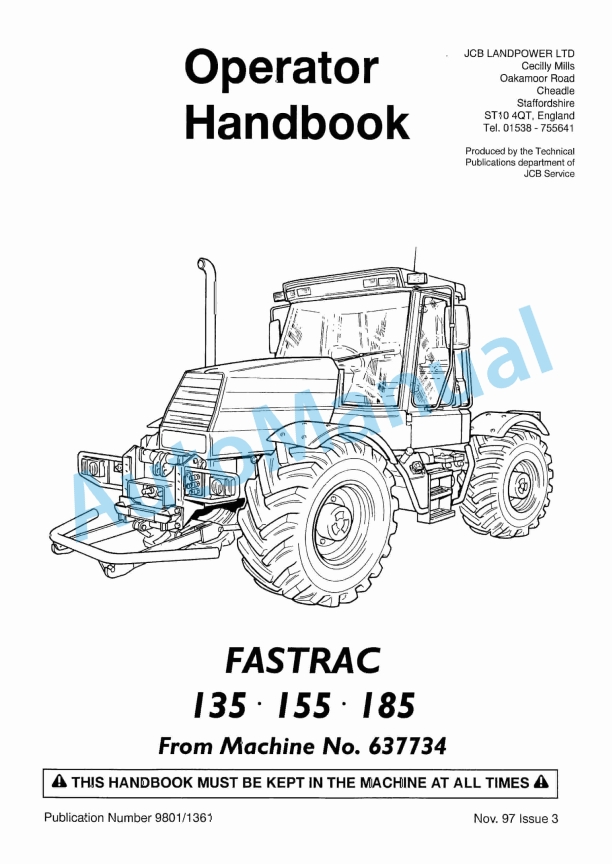JCB 135, 155, 185 Fastrac Operator Handbook 9801-1361