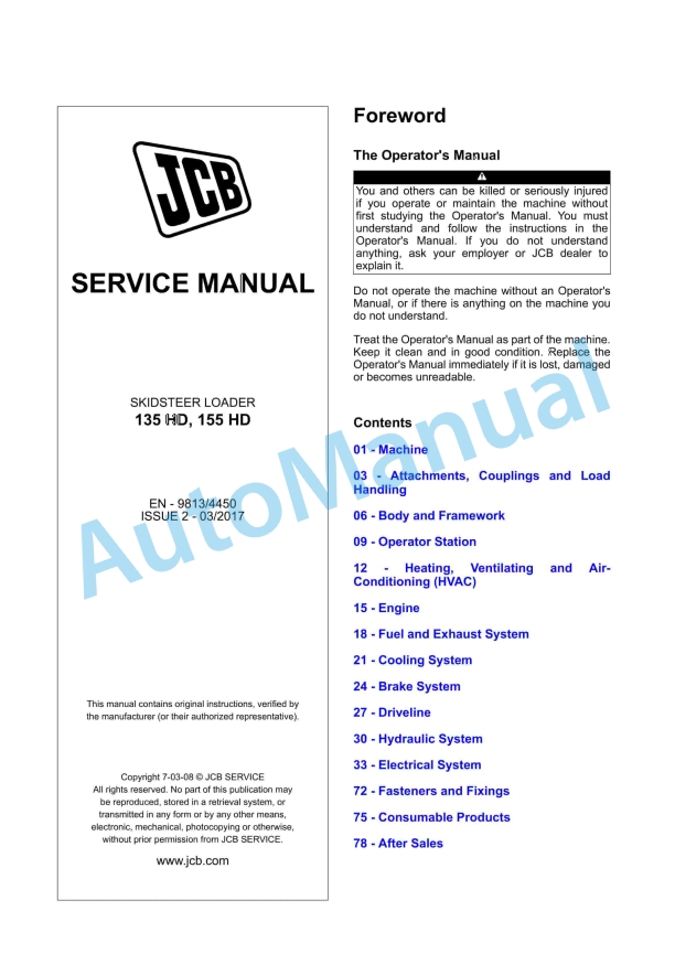 JCB 135 HD, 155 HD Skidsteer Loader Service Manual 9813-4450