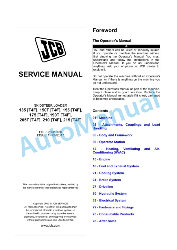 JCB 135 (T4F) to 215 (T4F) Skidsteer Loader Service Manual 9813-9750