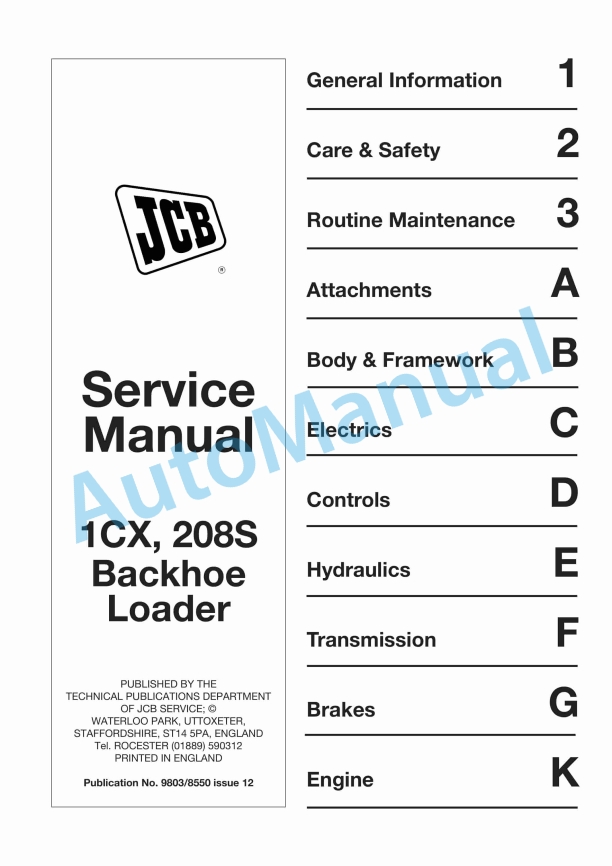 JCB 1CX, 208S Backhoe Loader Service Manual 9803-8550