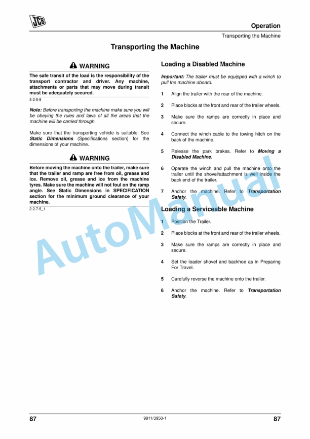 Alternative view of JCB 1CX Operator Manual 9811-3950