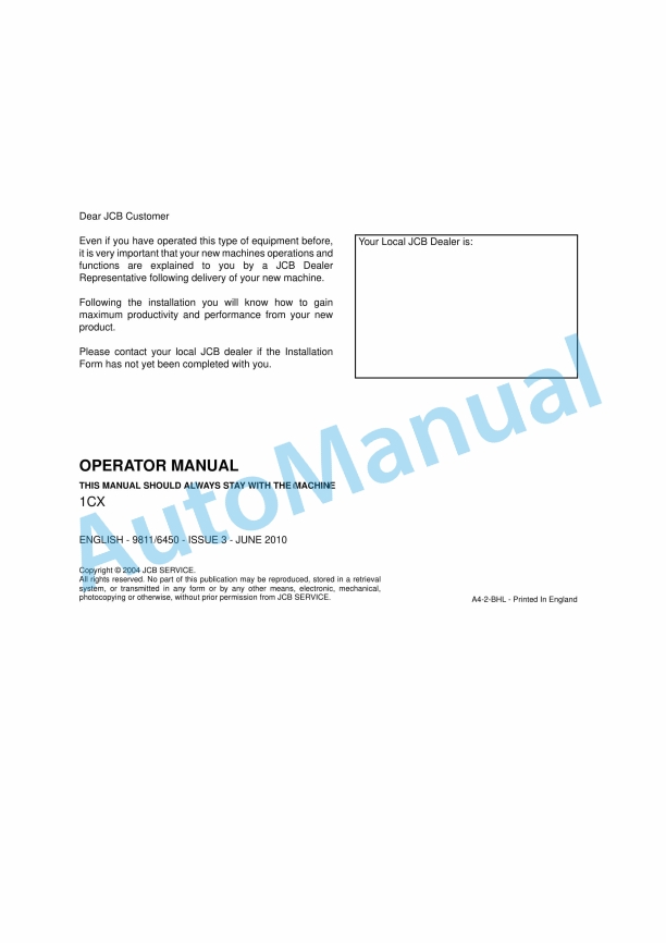 JCB 1CX Operator Manual 9811-6450