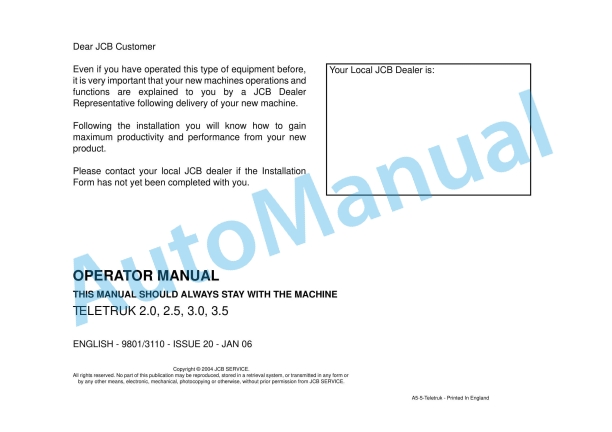 JCB 2.0, 2.5, 3.0, 3.5 Teletruk Operator Manual 9801-3110