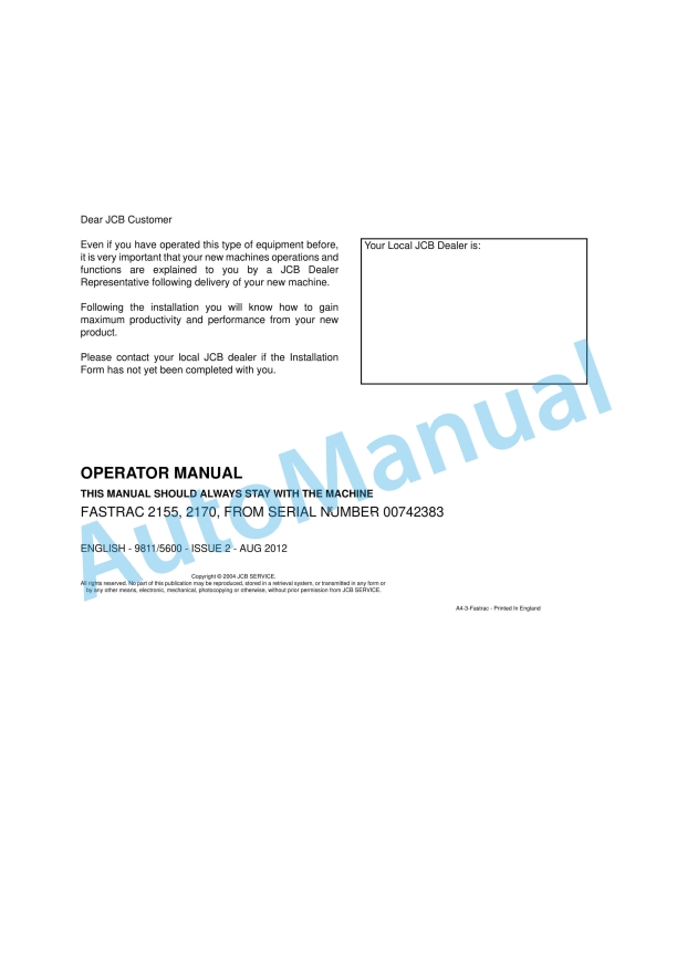 JCB 2155, 2170 Fastrac Operator Manual 9811-5600