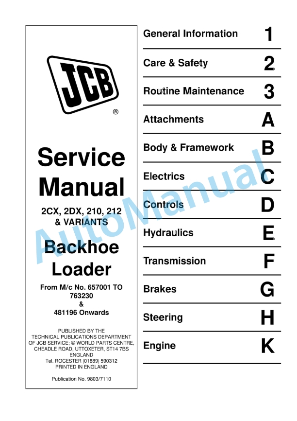 JCB 2CX, 2DX, 210, 212, Variants Service Manual 9803-7110