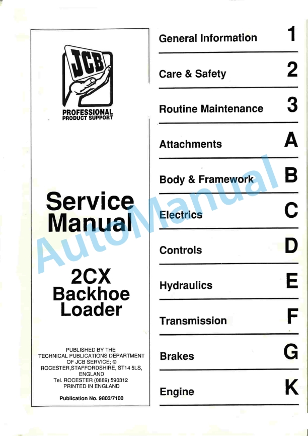 JCB 2CX Backhoe Loader Service Manual 9803-7100