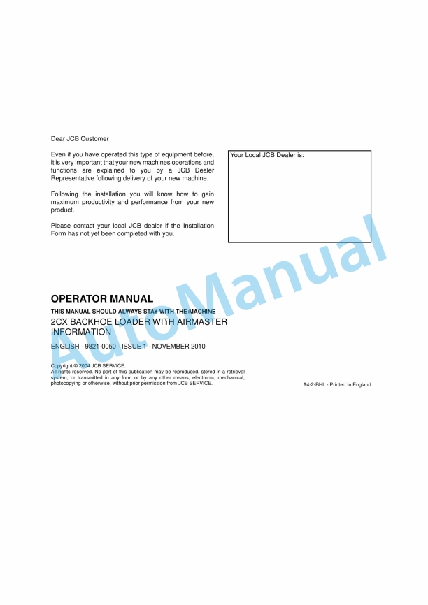 JCB 2CX Backhoe Loader With Airmaster Information Operator Manual 9821-0050 1 JCB 2CX Backhoe Loader With Airmaster Information Operator Manual 9821-0050