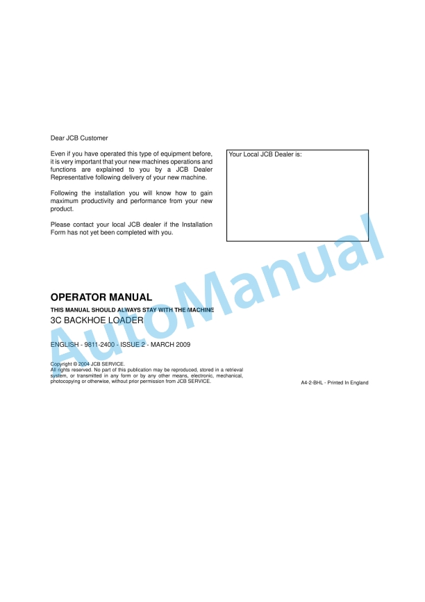 JCB 3C Backhoe Loader Operator Manual 9811-2400 1 JCB 3C Backhoe Loader Operator Manual 9811-2400