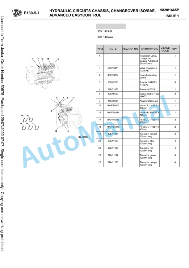 JCB 3CX 14L5NA, 3CX 14L5NM, 3CX 14L5WA, 3CX 14L5WM Owners Parts Book 9820-1665P-3
