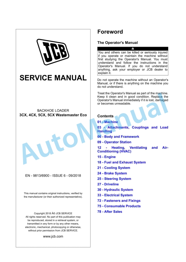 JCB 3CX, 4CX, 5CX, 5CX Wastemaster Eco Backhoe Loader Service Manual 9813-6900 1 JCB 3CX, 4CX, 5CX, 5CX Wastemaster Eco Backhoe Loader Service Manual 9813-6900