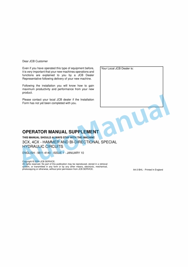 JCB 3CX, 4CX - Hammer And BI-Directional Special Hydraulic Circuits Operator Manual 9811-4140 1 JCB 3CX, 4CX - Hammer And BI-Directional Special Hydraulic Circuits Operator Manual 9811-4140