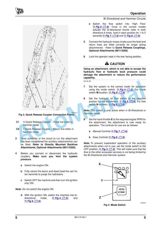 JCB 3CX, 4CX - Hammer And BI-Directional Special Hydraulic Circuits Operator Manual 9811-4140 5 JCB 3CX, 4CX - Hammer And BI-Directional Special Hydraulic Circuits Operator Manual 9811-4140 - Image 5