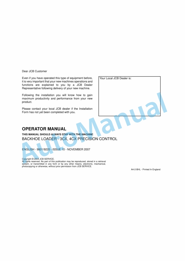 JCB 3CX, 4CX Precision Control Operator Manual 9801-9220 1 JCB 3CX, 4CX Precision Control Operator Manual 9801-9220