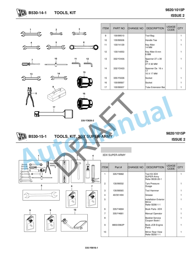JCB 3DX Super, 3DX Super-ARMY, 3DX Super-CRPF Owner Parts Book 9820-1015P-2