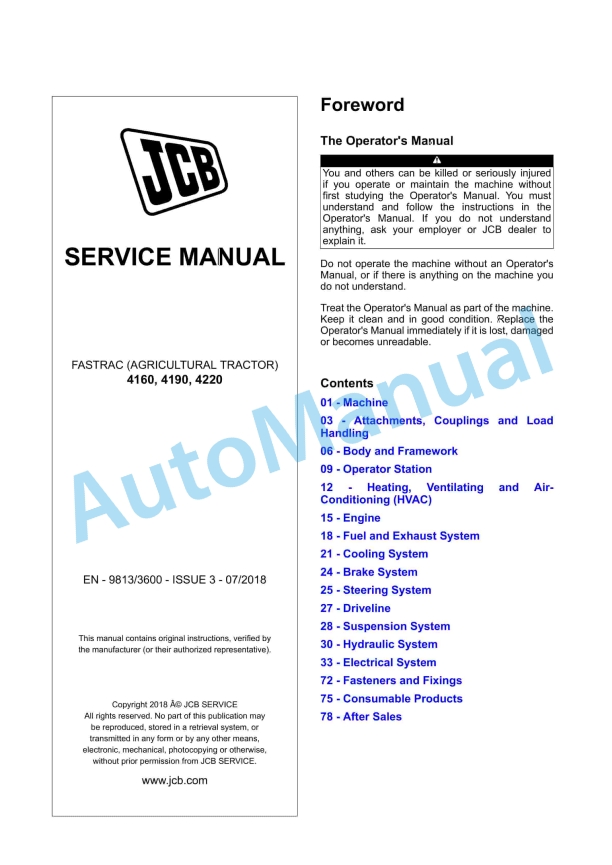 JCB 4160, 4190, 4220 Fastrac Service Manual 9813-3600 1 JCB 4160, 4190, 4220 Fastrac Service Manual 9813-3600