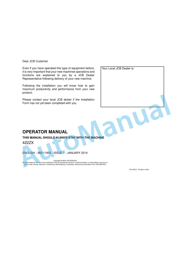 JCB 422ZX Operator Manual 9821-1850 1 JCB 422ZX Operator Manual 9821-1850