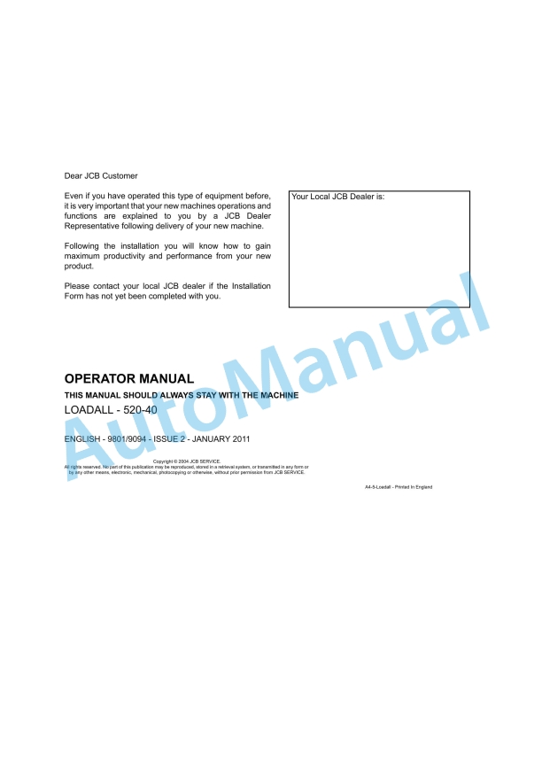 JCB 520-40 Loadall Operator Manual 9801-9094 1 JCB 520-40 Loadall Operator Manual 9801-9094
