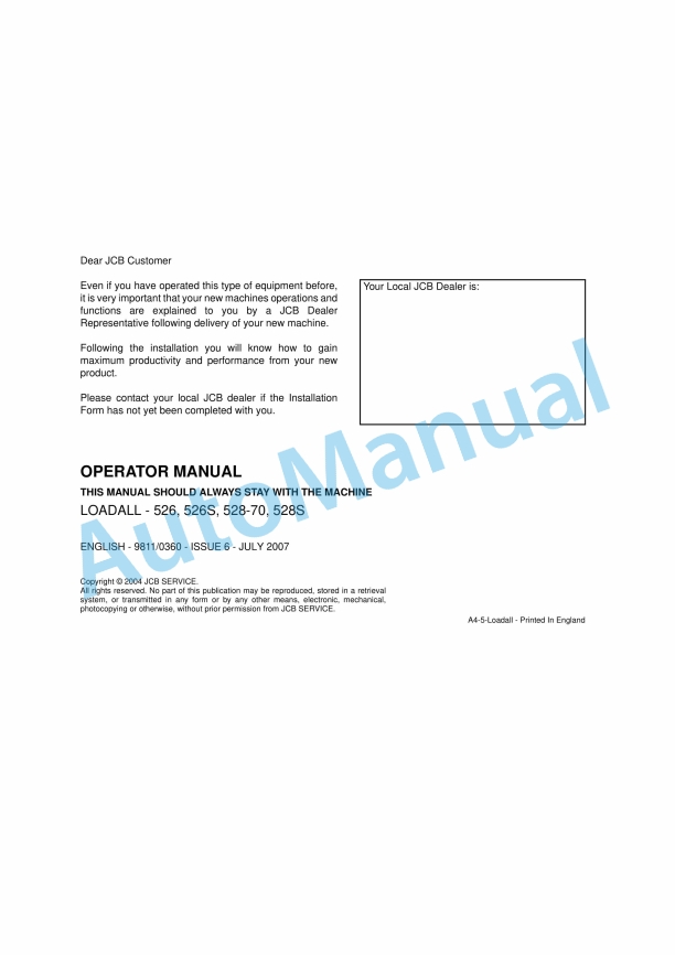 JCB 526, 526S, 528-70, 528S Loadall Operator Manual 9811-0360 1 JCB 526, 526S, 528-70, 528S Loadall Operator Manual 9811-0360