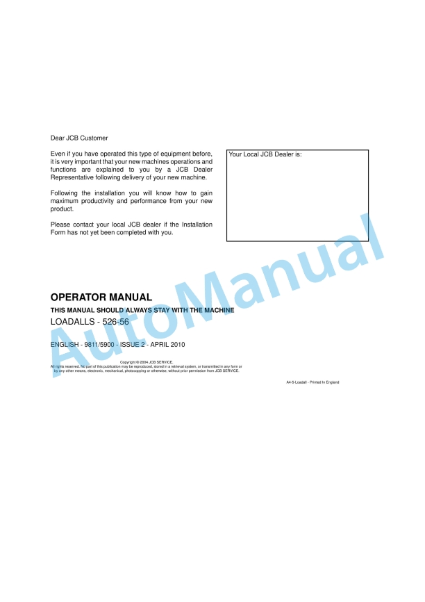 JCB 526-56 Loadall Operator Manual 9811-5900 1 JCB 526-56 Loadall Operator Manual 9811-5900