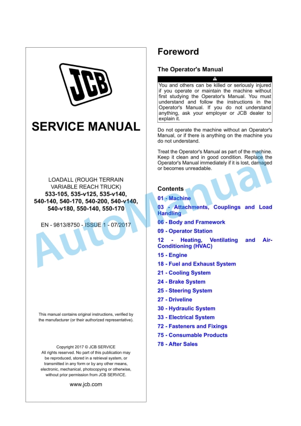 JCB 533-105 to 550-170 Loadall Service Manual 9813-8750 1 JCB 533-105 to 550-170 Loadall Service Manual 9813-8750