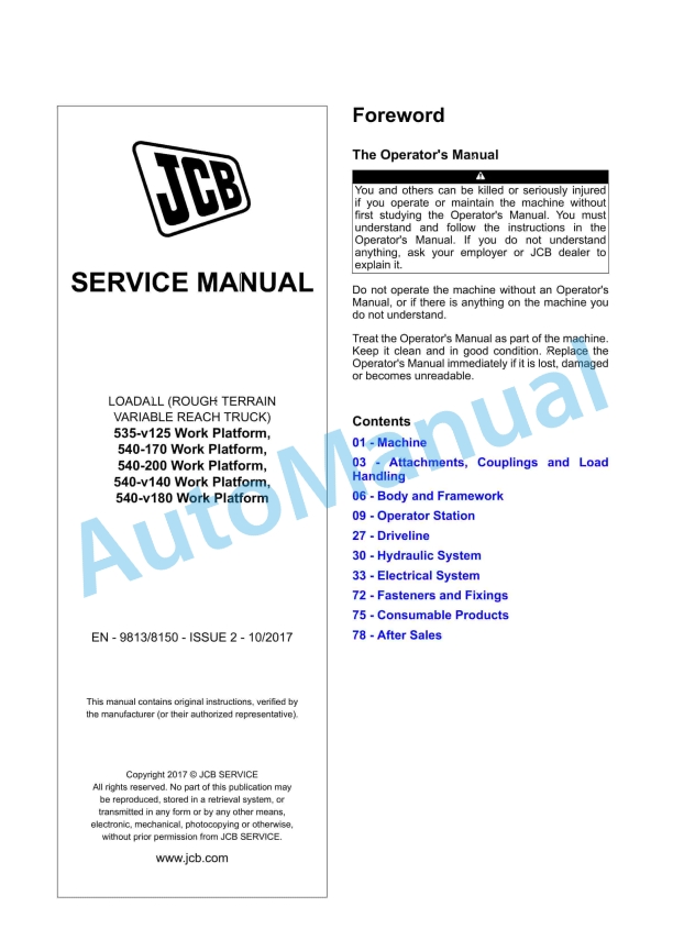 JCB 535-v125 to 540-v180 Work Platform Service Manual 9813-8150 1 JCB 535-v125 to 540-v180 Work Platform Service Manual 9813-8150