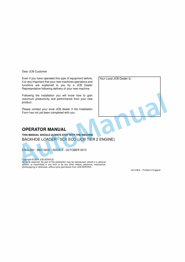 JCB 5CX ECO Backhoe Loader Operator Manual 9821-3200 1 JCB 5CX ECO Backhoe Loader Operator Manual 9821-3200