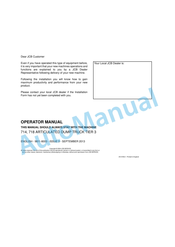 JCB 714, 718 Articulated Dump Truck Tier 3 Operator Manual 9811-8000 1 JCB 714, 718 Articulated Dump Truck Tier 3 Operator Manual 9811-8000