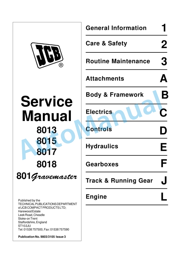 JCB 8013, 8015, 8017, 8018 801 Gravemaster Service Manual 9803-3105