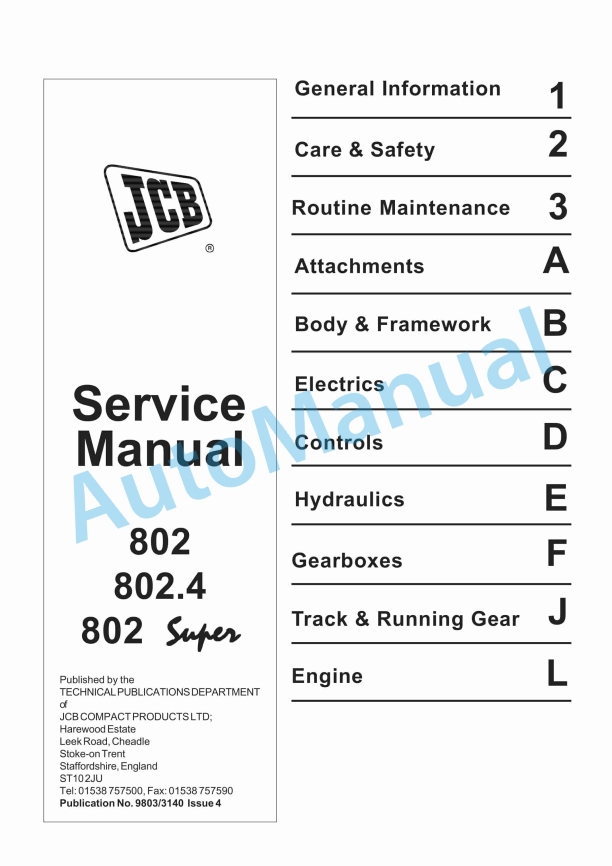 JCB 802, 802.4, 802 Super Service Manual 9803-3140