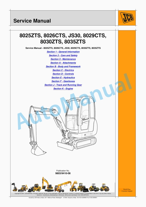 JCB 8025ZTS, 8026CTS, JS30, 8029CTS, 8030ZTS, 8035ZTS Service Manual 9803-9410